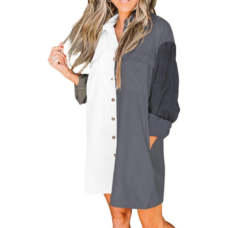 imageBTFBM Womens Corduroy Shacket Jacket Shirts Lapel Long Sleeve Oversized 2023 Fall Winter Button Down Shirt Dress PocketColorblock Grey