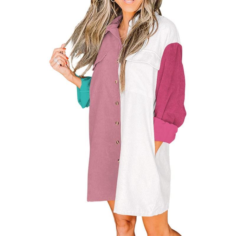 imageBTFBM Womens Corduroy Shacket Jacket Shirts Lapel Long Sleeve Oversized 2023 Fall Winter Button Down Shirt Dress PocketColorblock Pink