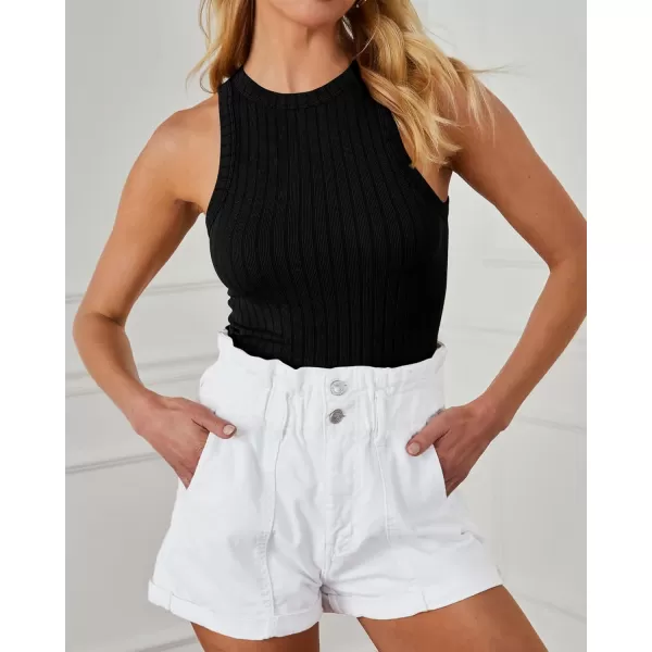 imageBTFBM 2 Pack Womens Tank Tops Casual Sleeveless Racerback High Neck Crop Tops Shirts Slim Fitted Basic Ribbed Tank TopBlackblack