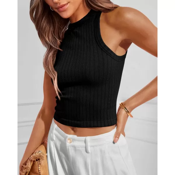 imageBTFBM 2 Pack Womens Tank Tops Casual Sleeveless Racerback High Neck Crop Tops Shirts Slim Fitted Basic Ribbed Tank TopBlackblack