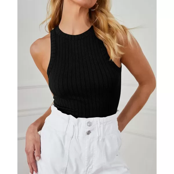 imageBTFBM 2 Pack Womens Tank Tops Casual Sleeveless Racerback High Neck Crop Tops Shirts Slim Fitted Basic Ribbed Tank TopBlackblack
