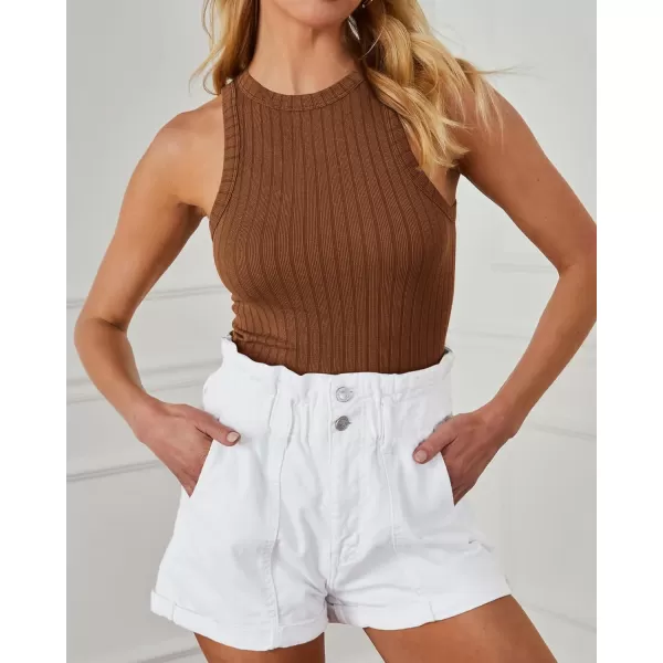 imageBTFBM 2 Pack Womens Tank Tops Casual Sleeveless Racerback High Neck Crop Tops Shirts Slim Fitted Basic Ribbed Tank TopBrownblack