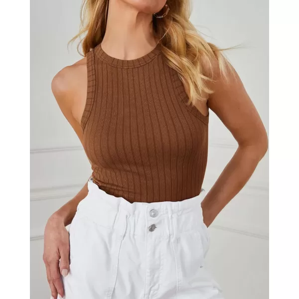 imageBTFBM 2 Pack Womens Tank Tops Casual Sleeveless Racerback High Neck Crop Tops Shirts Slim Fitted Basic Ribbed Tank TopBrownblack
