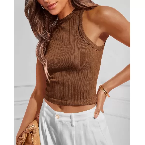 imageBTFBM 2 Pack Womens Tank Tops Casual Sleeveless Racerback High Neck Crop Tops Shirts Slim Fitted Basic Ribbed Tank TopBrownblack