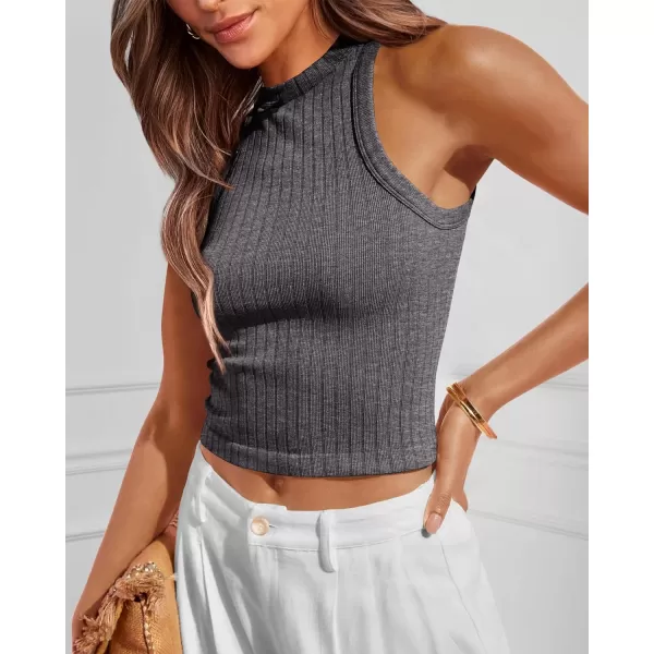 imageBTFBM 2 Pack Womens Tank Tops Casual Sleeveless Racerback High Neck Crop Tops Shirts Slim Fitted Basic Ribbed Tank TopDark Greyblack