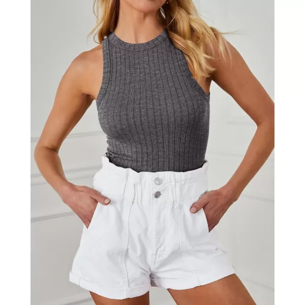 imageBTFBM 2 Pack Womens Tank Tops Casual Sleeveless Racerback High Neck Crop Tops Shirts Slim Fitted Basic Ribbed Tank TopDark Greyblack