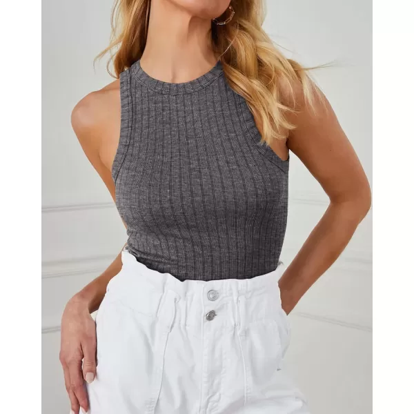 imageBTFBM 2 Pack Womens Tank Tops Casual Sleeveless Racerback High Neck Crop Tops Shirts Slim Fitted Basic Ribbed Tank TopDark Greyblack