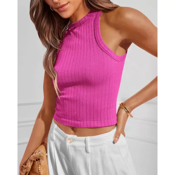 imageBTFBM 2 Pack Womens Tank Tops Casual Sleeveless Racerback High Neck Crop Tops Shirts Slim Fitted Basic Ribbed Tank TopRose Redblack