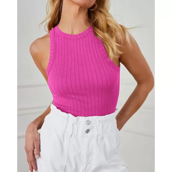 imageBTFBM 2 Pack Womens Tank Tops Casual Sleeveless Racerback High Neck Crop Tops Shirts Slim Fitted Basic Ribbed Tank TopRose Redblack