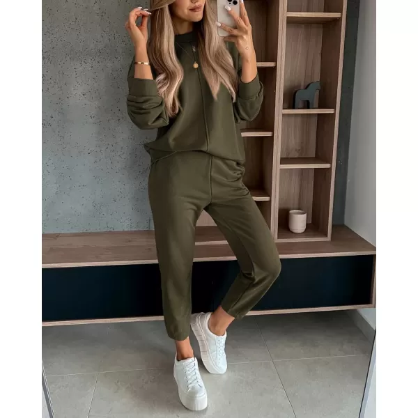 imageBTFBM 2023 Women 2 Piece Outfits Long Sleeve Pullover Jogger Pants Lounge Sets Fall Winter Sweatsuits Tracksuit PocketsSolid Army Green
