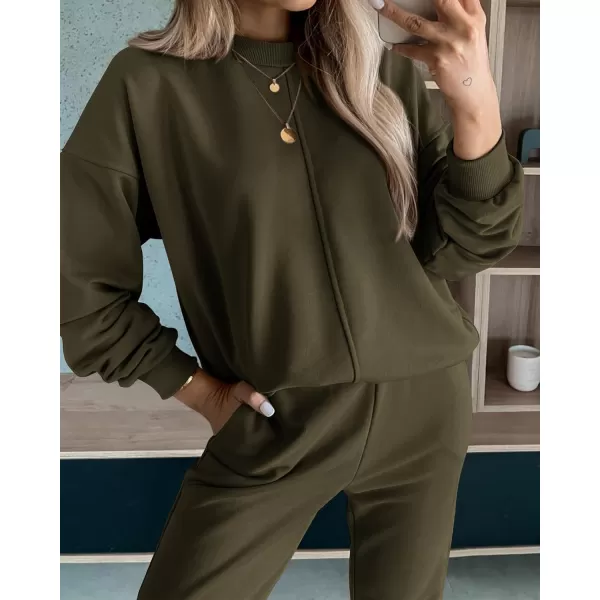 imageBTFBM 2023 Women 2 Piece Outfits Long Sleeve Pullover Jogger Pants Lounge Sets Fall Winter Sweatsuits Tracksuit PocketsSolid Army Green
