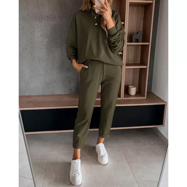 imageBTFBM 2023 Women 2 Piece Outfits Long Sleeve Pullover Jogger Pants Lounge Sets Fall Winter Sweatsuits Tracksuit PocketsSolid Army Green