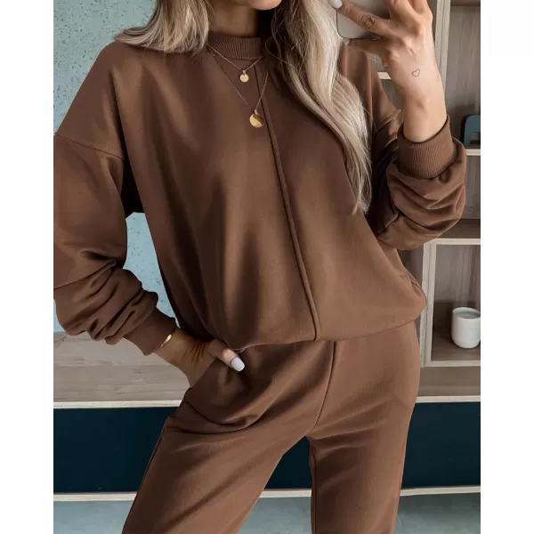 imageBTFBM 2023 Women 2 Piece Outfits Long Sleeve Pullover Jogger Pants Lounge Sets Fall Winter Sweatsuits Tracksuit PocketsSolid Dark Khaki