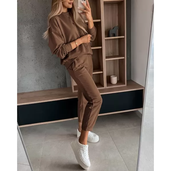 imageBTFBM 2023 Women 2 Piece Outfits Long Sleeve Pullover Jogger Pants Lounge Sets Fall Winter Sweatsuits Tracksuit PocketsSolid Dark Khaki