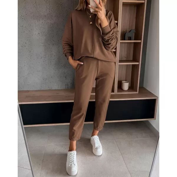 imageBTFBM 2023 Women 2 Piece Outfits Long Sleeve Pullover Jogger Pants Lounge Sets Fall Winter Sweatsuits Tracksuit PocketsSolid Dark Khaki