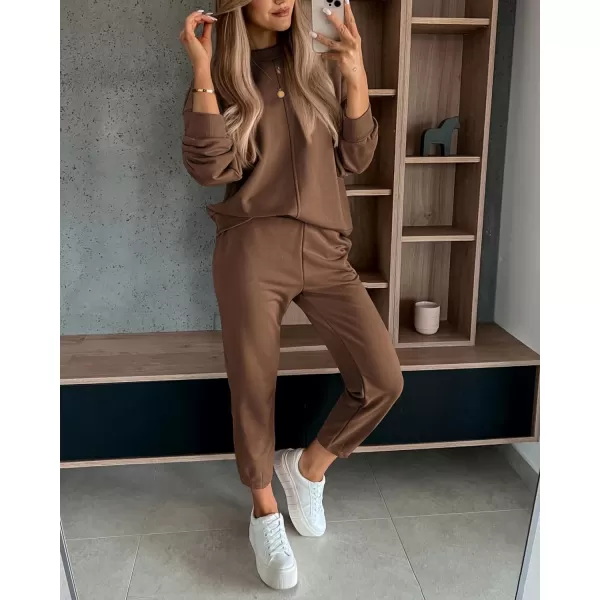 imageBTFBM 2023 Women 2 Piece Outfits Long Sleeve Pullover Jogger Pants Lounge Sets Fall Winter Sweatsuits Tracksuit PocketsSolid Dark Khaki