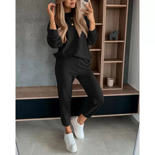 imageBTFBM 2023 Women 2 Piece Outfits Long Sleeve Pullover Jogger Pants Lounge Sets Thick Fall Winter Sweatsuits TracksuitSolid Black