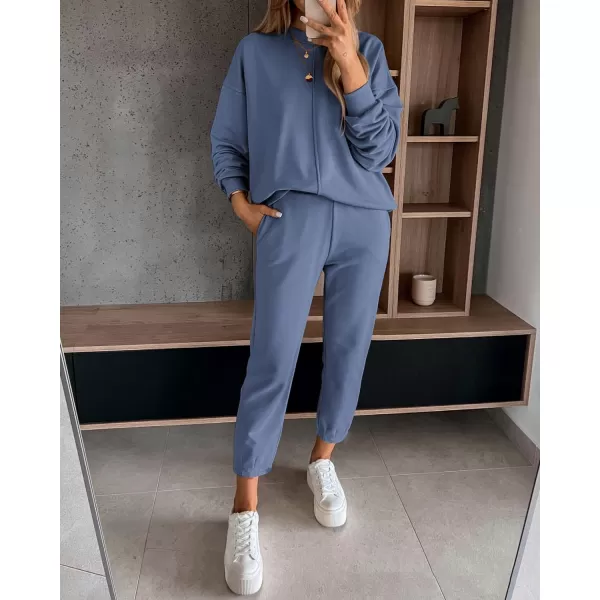 imageBTFBM 2023 Women 2 Piece Outfits Long Sleeve Pullover Jogger Pants Lounge Sets Thick Fall Winter Sweatsuits TracksuitSolid Grey Blue