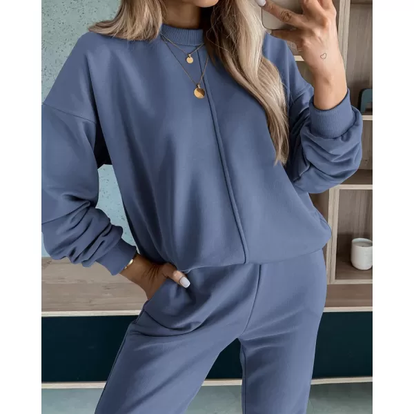 imageBTFBM 2023 Women 2 Piece Outfits Long Sleeve Pullover Jogger Pants Lounge Sets Thick Fall Winter Sweatsuits TracksuitSolid Grey Blue