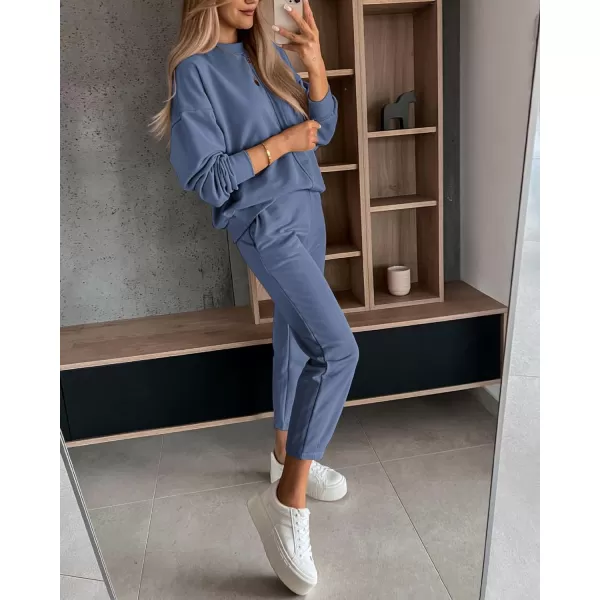imageBTFBM 2023 Women 2 Piece Outfits Long Sleeve Pullover Jogger Pants Lounge Sets Thick Fall Winter Sweatsuits TracksuitSolid Grey Blue