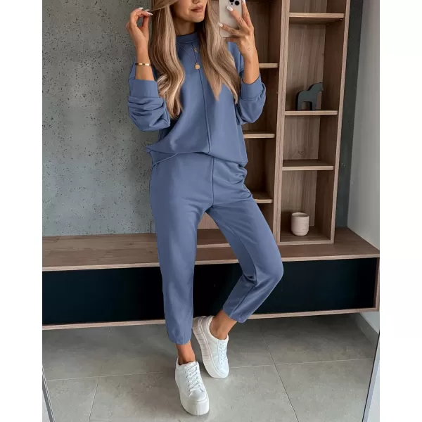 imageBTFBM 2023 Women 2 Piece Outfits Long Sleeve Pullover Jogger Pants Lounge Sets Thick Fall Winter Sweatsuits TracksuitSolid Grey Blue