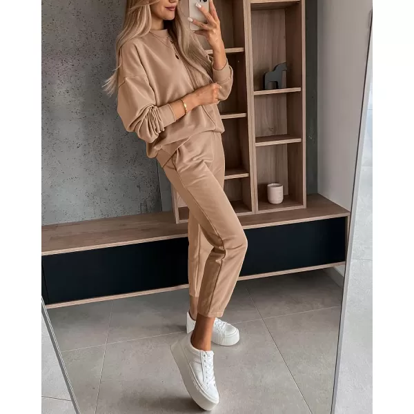 imageBTFBM 2023 Women 2 Piece Outfits Long Sleeve Pullover Jogger Pants Lounge Sets Thick Fall Winter Sweatsuits TracksuitSolid Khaki