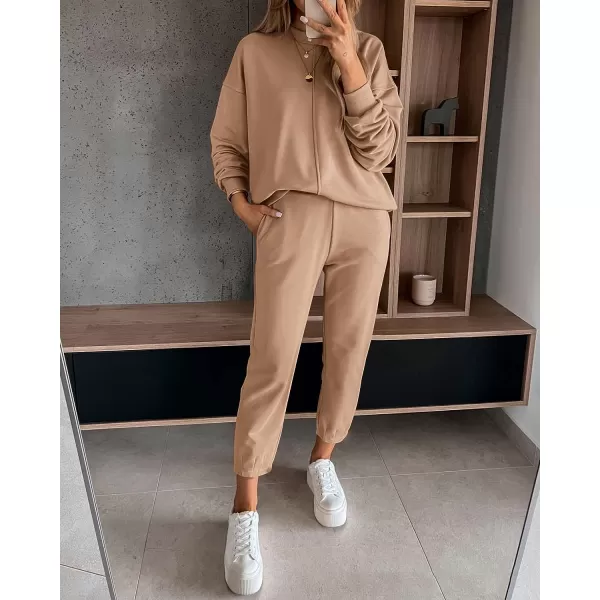 imageBTFBM 2023 Women 2 Piece Outfits Long Sleeve Pullover Jogger Pants Lounge Sets Thick Fall Winter Sweatsuits TracksuitSolid Khaki