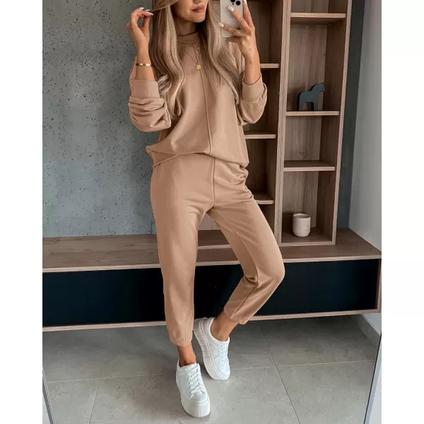 imageBTFBM 2023 Women 2 Piece Outfits Long Sleeve Pullover Jogger Pants Lounge Sets Thick Fall Winter Sweatsuits TracksuitSolid Khaki