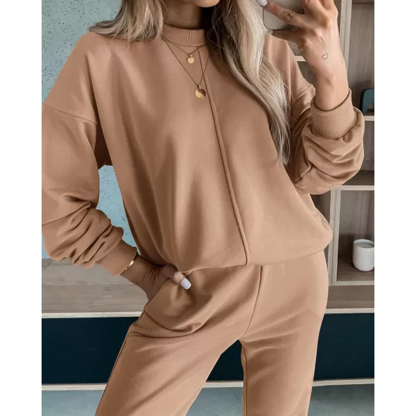 imageBTFBM 2023 Women 2 Piece Outfits Long Sleeve Pullover Jogger Pants Lounge Sets Thick Fall Winter Sweatsuits TracksuitSolid Khaki