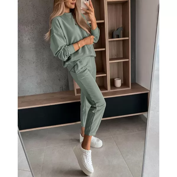 imageBTFBM 2023 Women 2 Piece Outfits Long Sleeve Pullover Jogger Pants Lounge Sets Thick Fall Winter Sweatsuits TracksuitSolid Light Green