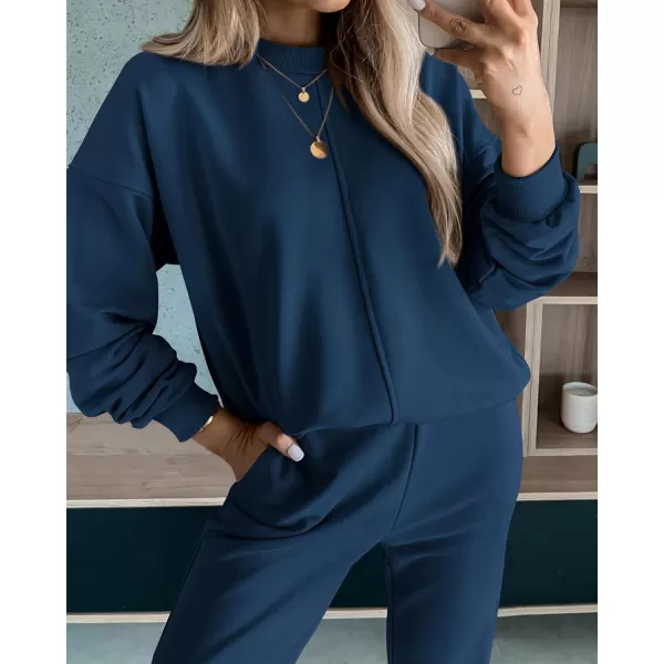 imageBTFBM 2023 Women 2 Piece Outfits Long Sleeve Pullover Jogger Pants Lounge Sets Thick Fall Winter Sweatsuits TracksuitSolid Navy