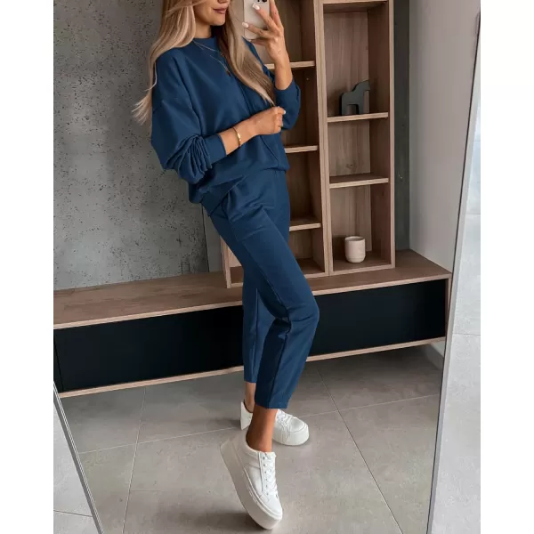 imageBTFBM 2023 Women 2 Piece Outfits Long Sleeve Pullover Jogger Pants Lounge Sets Thick Fall Winter Sweatsuits TracksuitSolid Navy