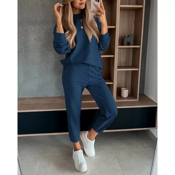 imageBTFBM 2023 Women 2 Piece Outfits Long Sleeve Pullover Jogger Pants Lounge Sets Thick Fall Winter Sweatsuits TracksuitSolid Navy