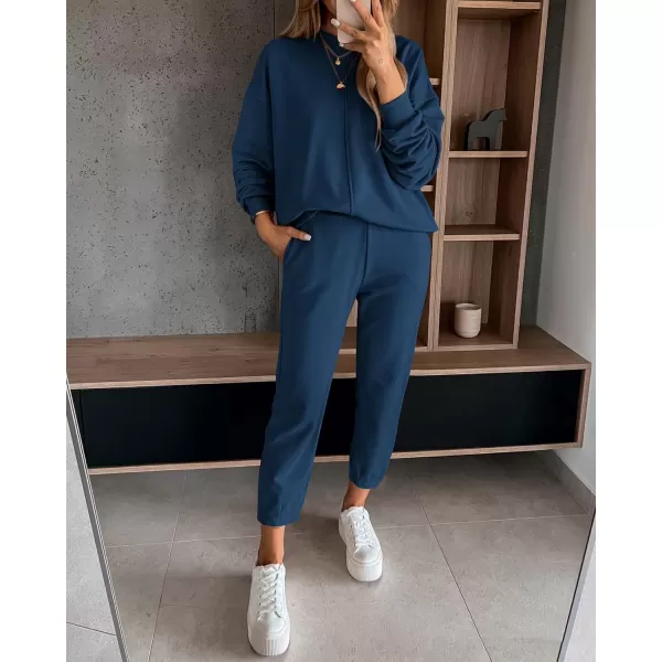 imageBTFBM 2023 Women 2 Piece Outfits Long Sleeve Pullover Jogger Pants Lounge Sets Thick Fall Winter Sweatsuits TracksuitSolid Navy