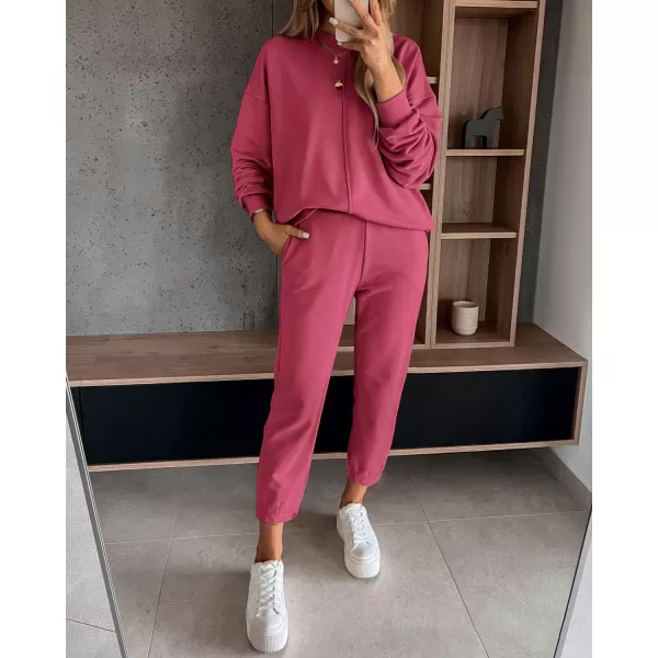 imageBTFBM 2023 Women 2 Piece Outfits Long Sleeve Pullover Jogger Pants Lounge Sets Thick Fall Winter Sweatsuits TracksuitSolid Peach Red
