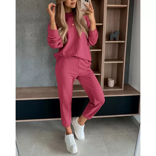 imageBTFBM 2023 Women 2 Piece Outfits Long Sleeve Pullover Jogger Pants Lounge Sets Thick Fall Winter Sweatsuits TracksuitSolid Peach Red