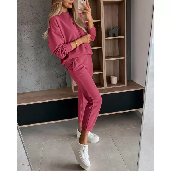 imageBTFBM 2023 Women 2 Piece Outfits Long Sleeve Pullover Jogger Pants Lounge Sets Thick Fall Winter Sweatsuits TracksuitSolid Peach Red