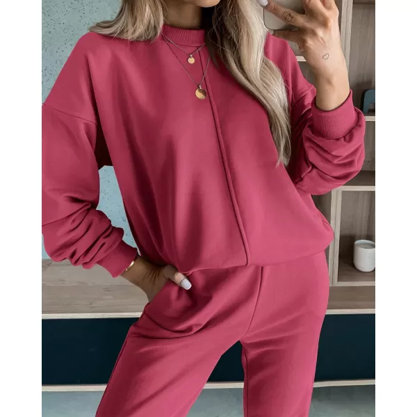 imageBTFBM 2023 Women 2 Piece Outfits Long Sleeve Pullover Jogger Pants Lounge Sets Thick Fall Winter Sweatsuits TracksuitSolid Peach Red