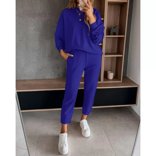 imageBTFBM 2023 Women 2 Piece Outfits Long Sleeve Pullover Jogger Pants Lounge Sets Thick Fall Winter Sweatsuits TracksuitSolid Royal Blue