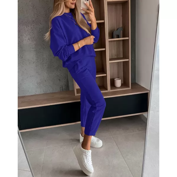 imageBTFBM 2023 Women 2 Piece Outfits Long Sleeve Pullover Jogger Pants Lounge Sets Thick Fall Winter Sweatsuits TracksuitSolid Royal Blue
