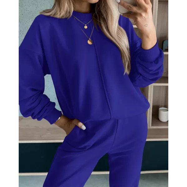 imageBTFBM 2023 Women 2 Piece Outfits Long Sleeve Pullover Jogger Pants Lounge Sets Thick Fall Winter Sweatsuits TracksuitSolid Royal Blue