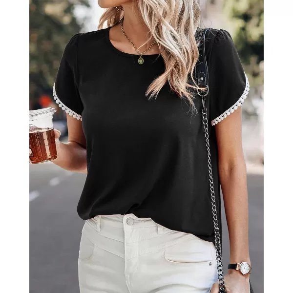 imageBTFBM 2023 Women Casual TShirts Crewneck Lace Crochet Short Sleeve Blouse Curved Hem Solid Color Loose Tunic Summer TopsSolid Black