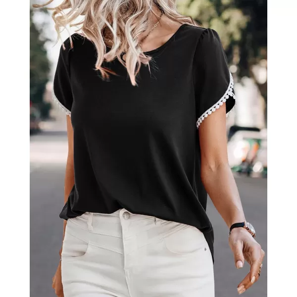 imageBTFBM 2023 Women Casual TShirts Crewneck Lace Crochet Short Sleeve Blouse Curved Hem Solid Color Loose Tunic Summer TopsSolid Black