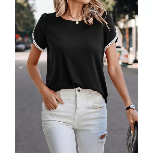 imageBTFBM 2023 Women Casual TShirts Crewneck Lace Crochet Short Sleeve Blouse Curved Hem Solid Color Loose Tunic Summer TopsSolid Black