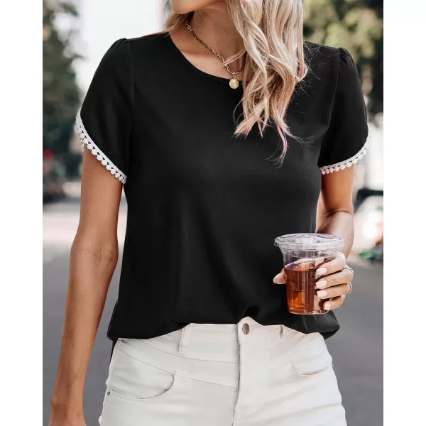 imageBTFBM 2023 Women Casual TShirts Crewneck Lace Crochet Short Sleeve Blouse Curved Hem Solid Color Loose Tunic Summer TopsSolid Black