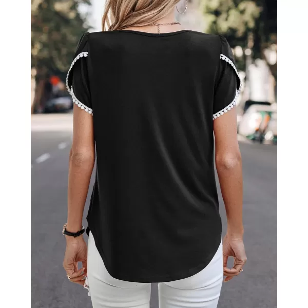 imageBTFBM 2023 Women Casual TShirts Crewneck Lace Crochet Short Sleeve Blouse Curved Hem Solid Color Loose Tunic Summer TopsSolid Black