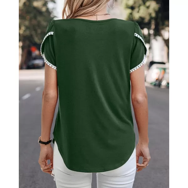 imageBTFBM 2023 Women Casual TShirts Crewneck Lace Crochet Short Sleeve Blouse Curved Hem Solid Color Loose Tunic Summer TopsSolid Dark Green