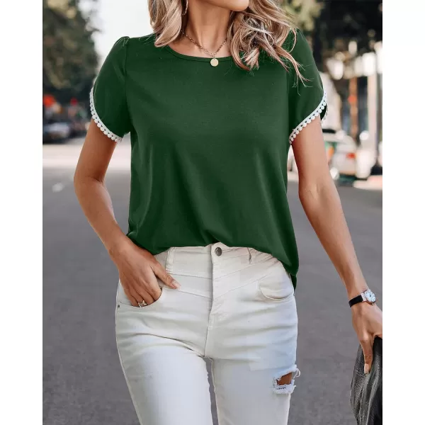 imageBTFBM 2023 Women Casual TShirts Crewneck Lace Crochet Short Sleeve Blouse Curved Hem Solid Color Loose Tunic Summer TopsSolid Dark Green