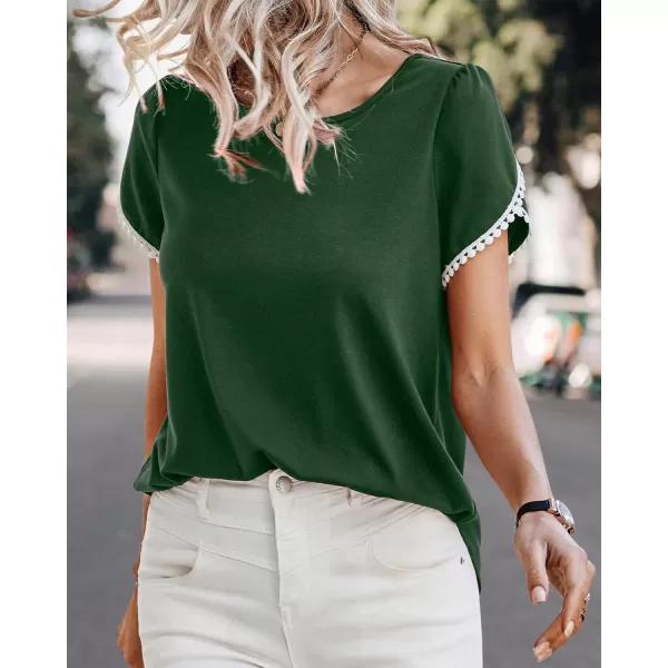 imageBTFBM 2023 Women Casual TShirts Crewneck Lace Crochet Short Sleeve Blouse Curved Hem Solid Color Loose Tunic Summer TopsSolid Dark Green