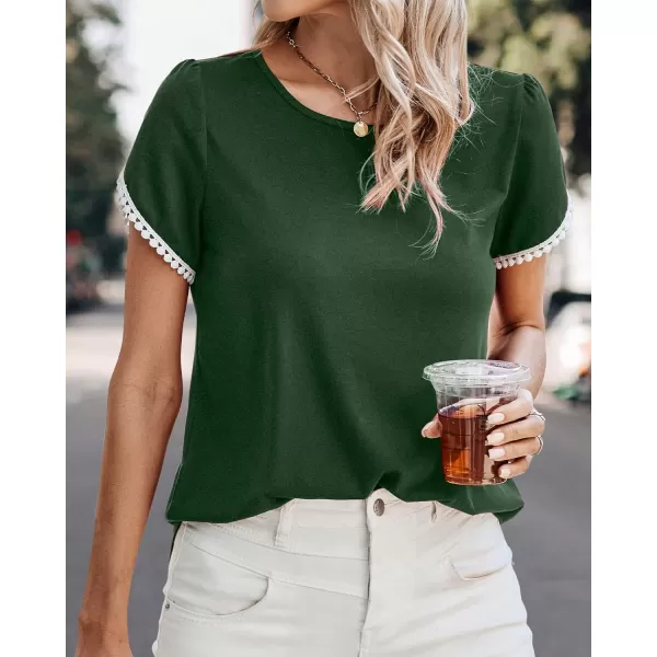 imageBTFBM 2023 Women Casual TShirts Crewneck Lace Crochet Short Sleeve Blouse Curved Hem Solid Color Loose Tunic Summer TopsSolid Dark Green
